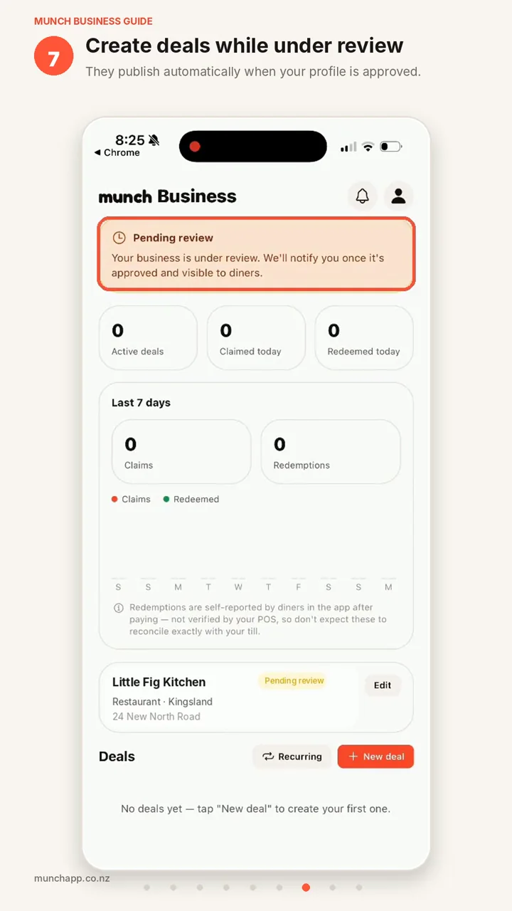 Munch Business dashboard showing the business pending review, with the Recurring button highlighted.
