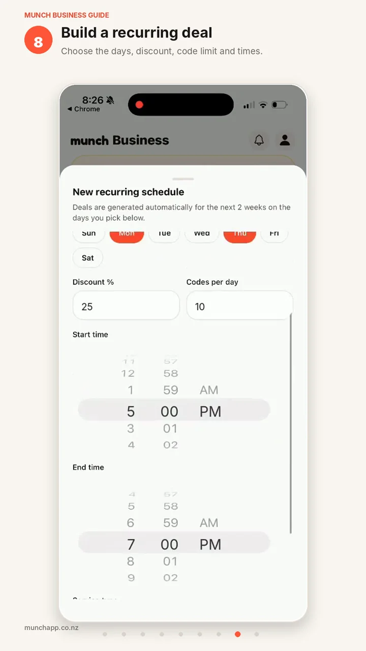 Recurring deal form showing 10 codes per day, a 5:00 PM start time and a 7:00 PM end time.